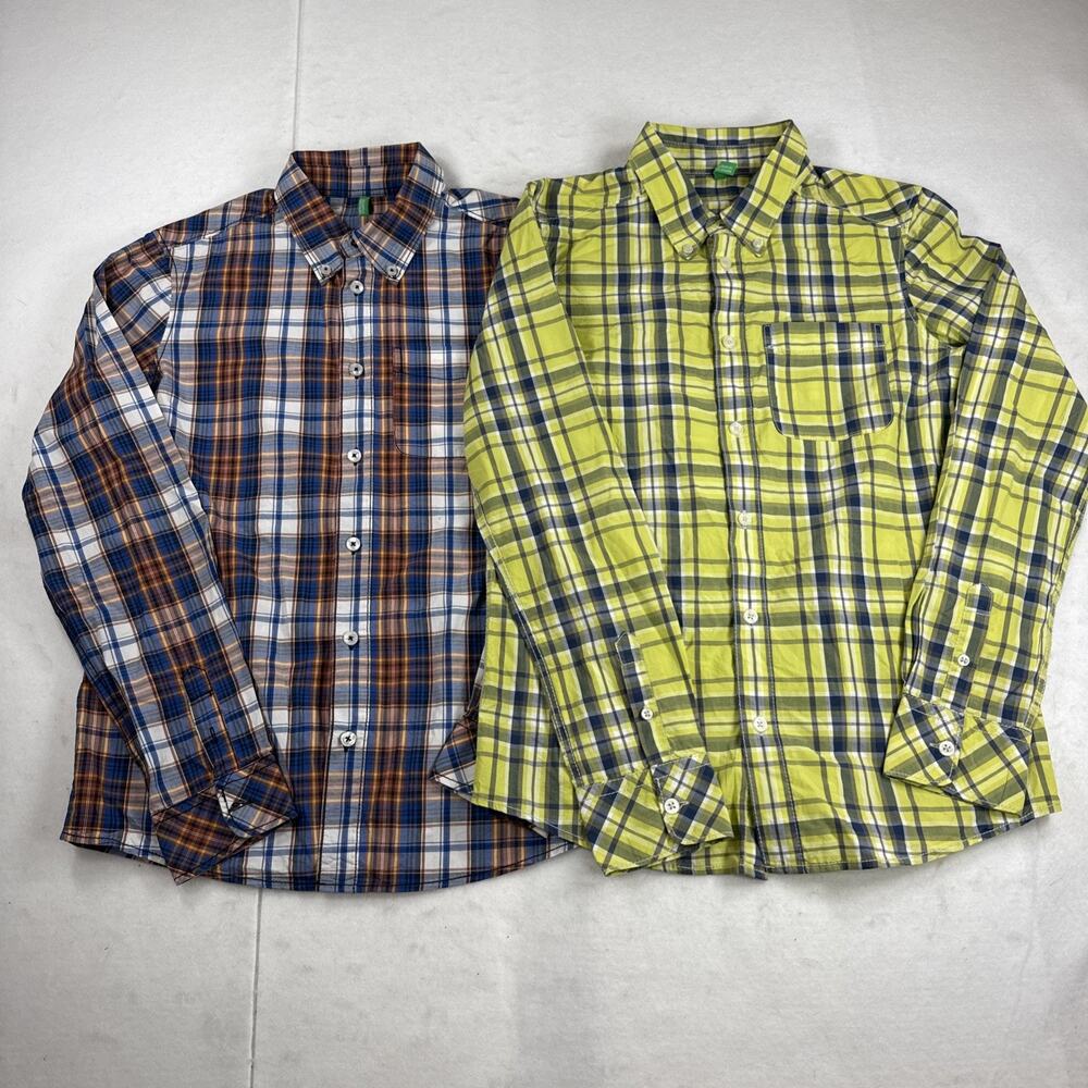 UNITED COLORS OF BENETTON Boys Colorful Plaid Button Up Shirt Set Of 2 Sz 10/12